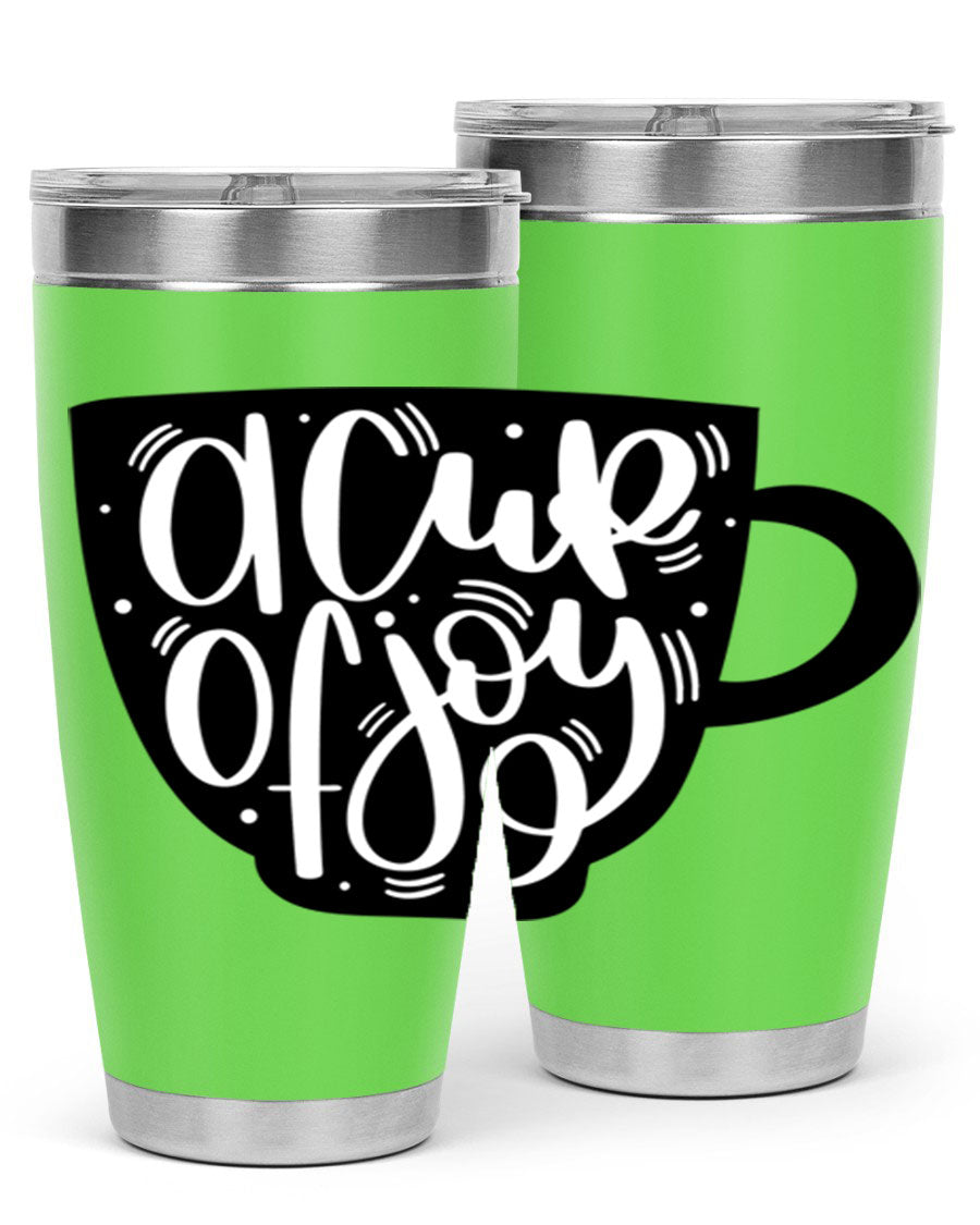 A stylish 20oz A Cup of Joy coffee tumbler made of stainless steel with a copper lining, featuring a drink-thru lid.