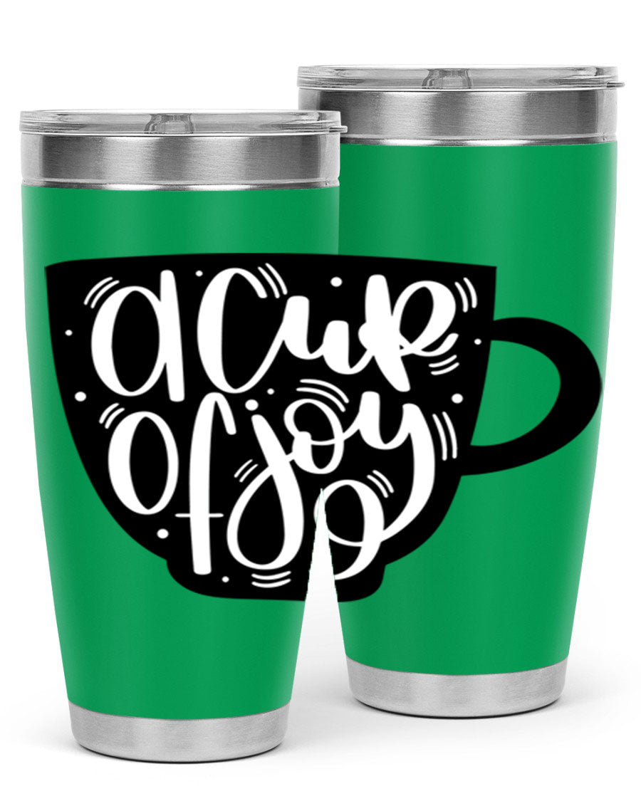 A stylish 20oz A Cup of Joy coffee tumbler made of stainless steel with a copper lining, featuring a drink-thru lid.