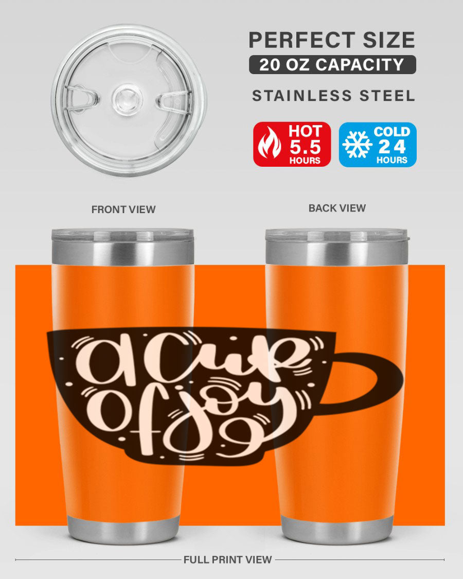 A stylish 20oz A Cup of Joy coffee tumbler made of stainless steel with a copper lining, featuring a drink-thru lid.