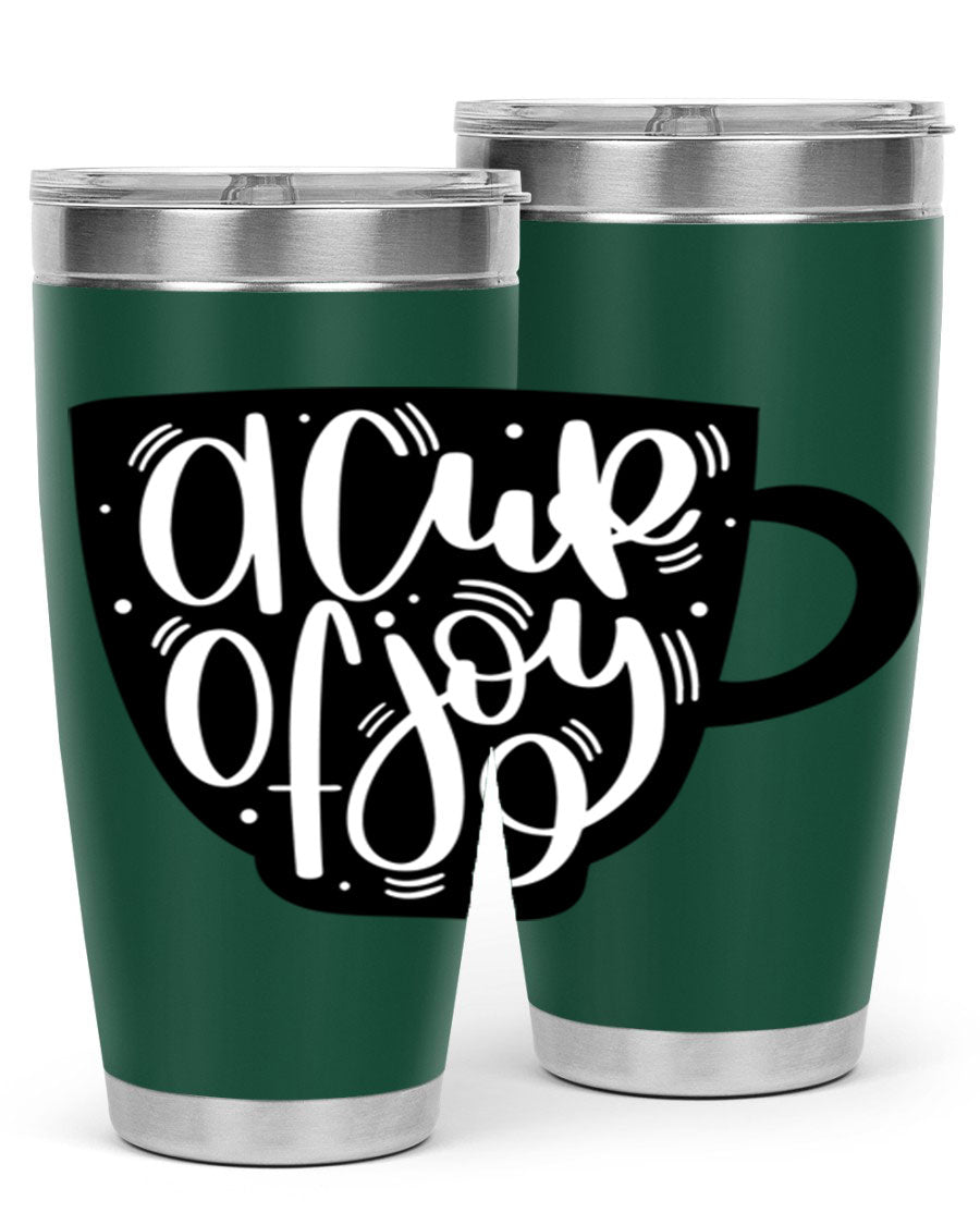 A stylish 20oz A Cup of Joy coffee tumbler made of stainless steel with a copper lining, featuring a drink-thru lid.