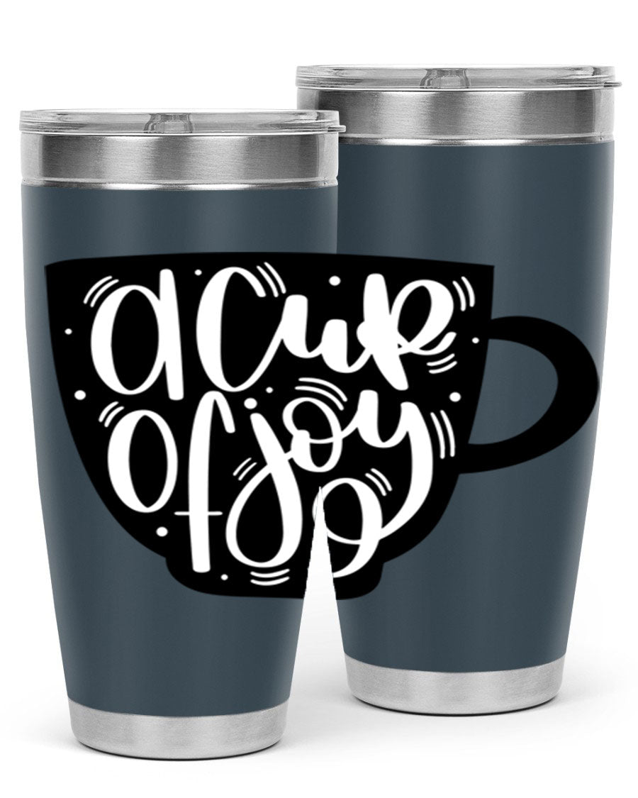 A stylish 20oz A Cup of Joy coffee tumbler made of stainless steel with a copper lining, featuring a drink-thru lid.