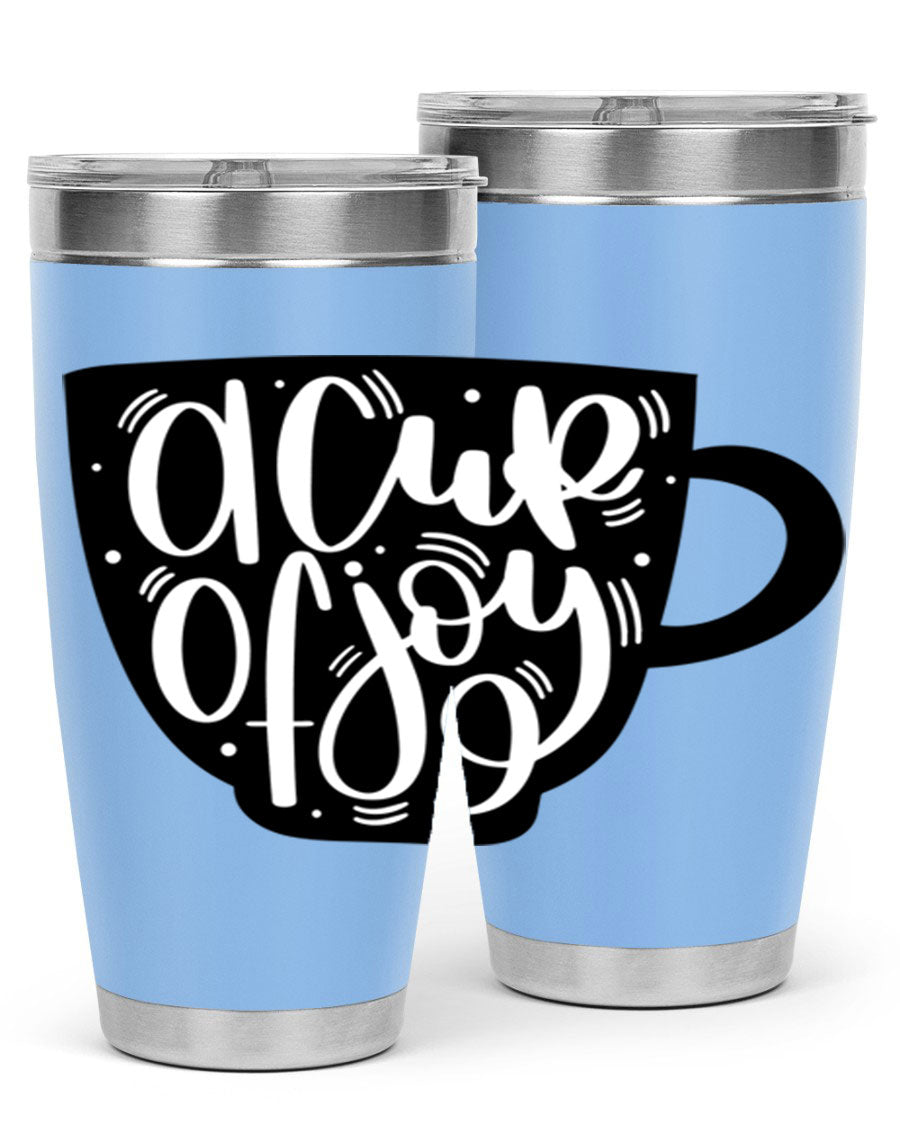 A stylish 20oz A Cup of Joy coffee tumbler made of stainless steel with a copper lining, featuring a drink-thru lid.