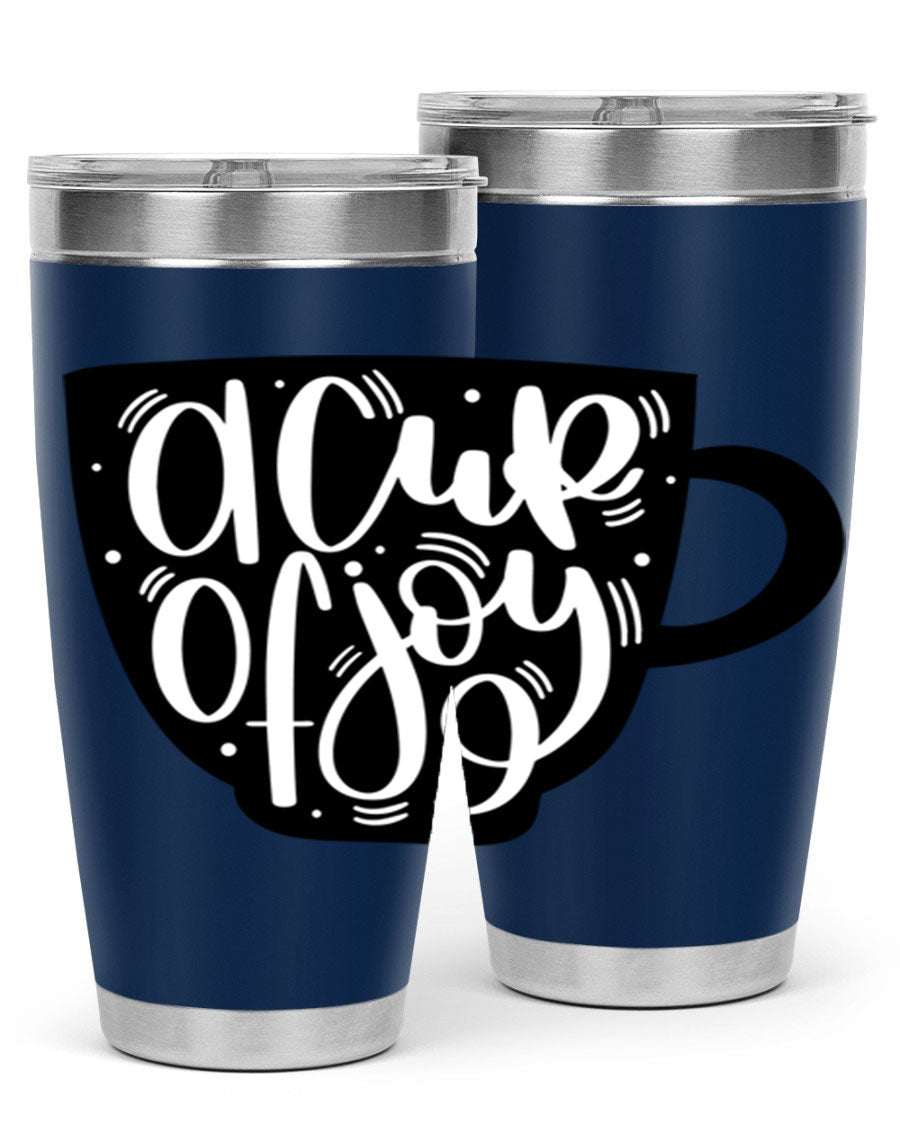 A stylish 20oz A Cup of Joy coffee tumbler made of stainless steel with a copper lining, featuring a drink-thru lid.