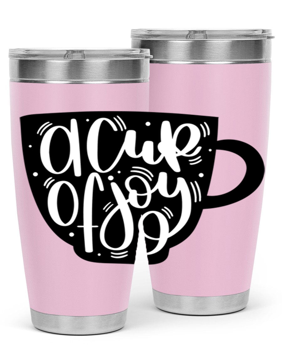 A stylish 20oz A Cup of Joy coffee tumbler made of stainless steel with a copper lining, featuring a drink-thru lid.