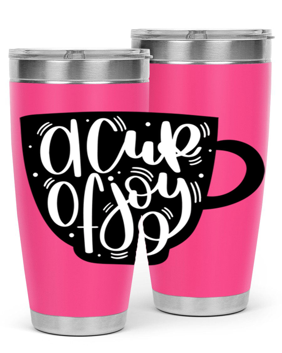 A stylish 20oz A Cup of Joy coffee tumbler made of stainless steel with a copper lining, featuring a drink-thru lid.