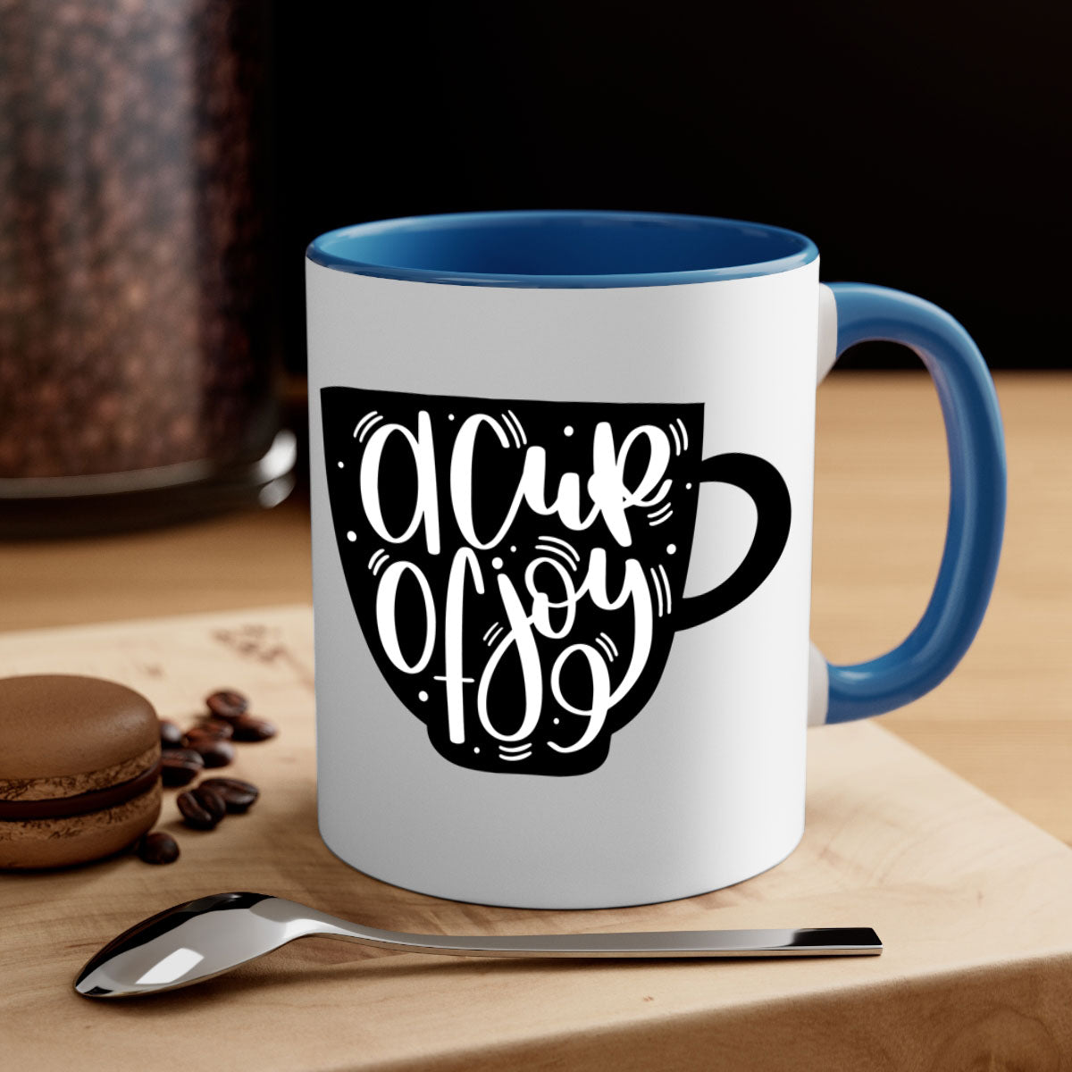 A Cup of Joy 191# Coffee Mug with a glossy finish, featuring a colored handle and interior, available in five vibrant colors.