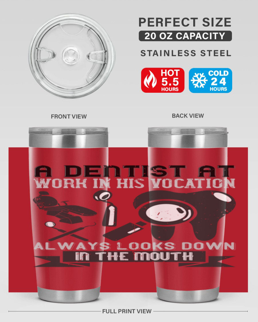 A stylish stainless steel tumbler featuring a dental-themed design, perfect for professionals and enthusiasts, showcasing its double wall vacuum insulation.