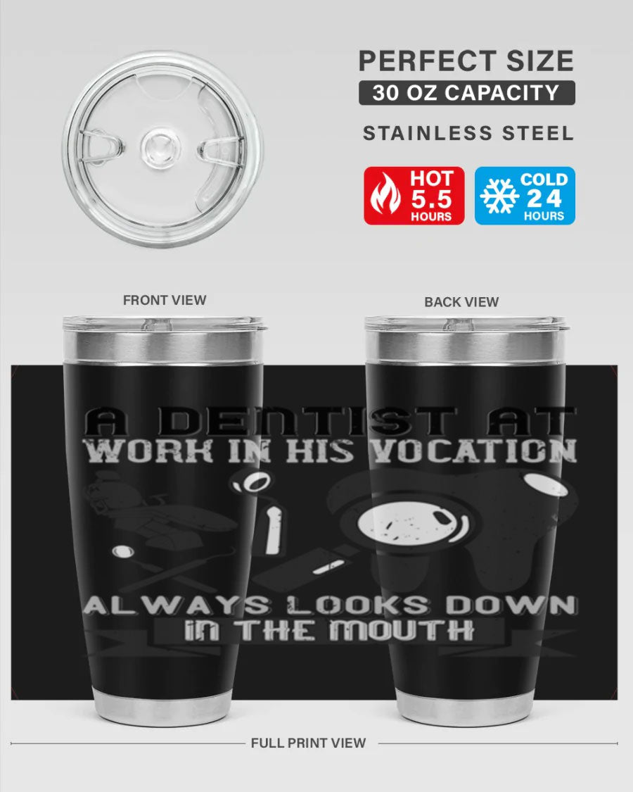 A stylish stainless steel tumbler featuring a dental-themed design, perfect for professionals and enthusiasts, showcasing its double wall vacuum insulation.