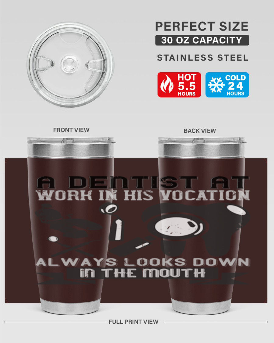 A stylish stainless steel tumbler featuring a dental-themed design, perfect for professionals and enthusiasts, showcasing its double wall vacuum insulation.