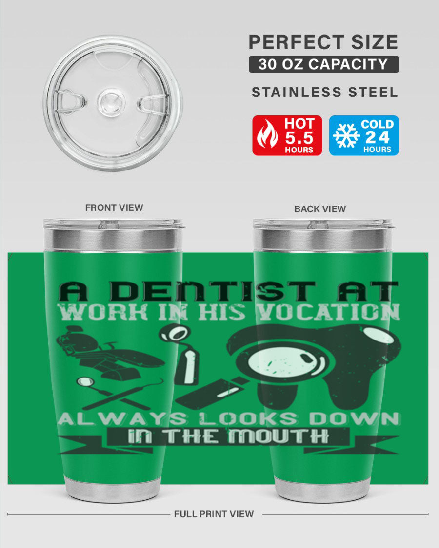 A stylish stainless steel tumbler featuring a dental-themed design, perfect for professionals and enthusiasts, showcasing its double wall vacuum insulation.