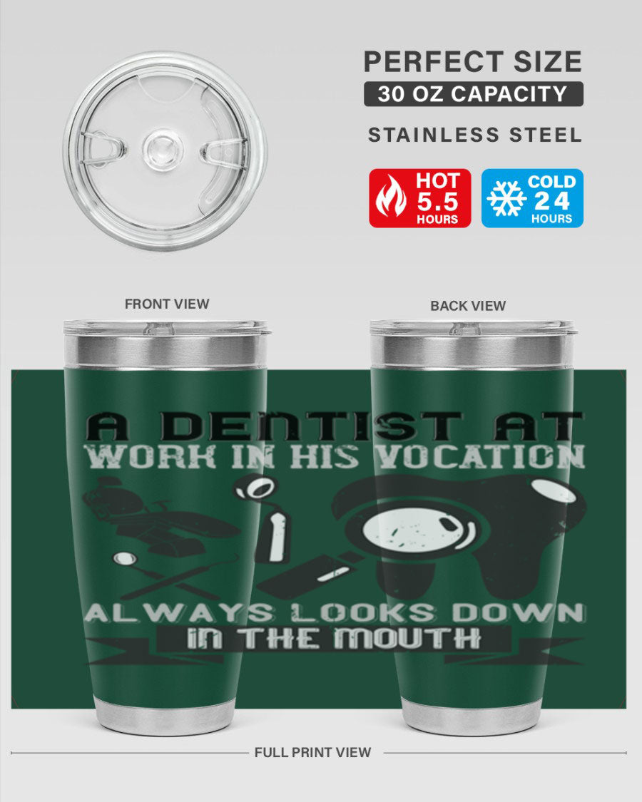 A stylish stainless steel tumbler featuring a dental-themed design, perfect for professionals and enthusiasts, showcasing its double wall vacuum insulation.