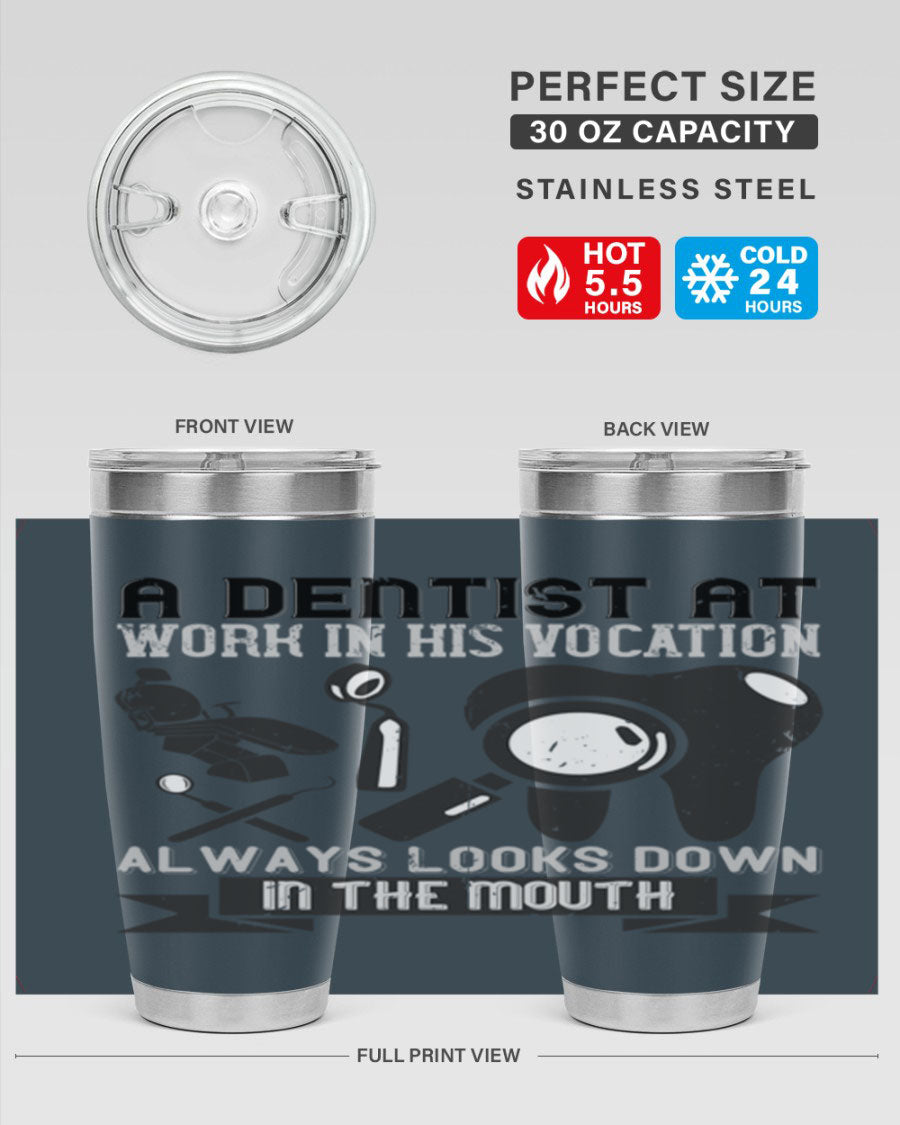 A stylish stainless steel tumbler featuring a dental-themed design, perfect for professionals and enthusiasts, showcasing its double wall vacuum insulation.