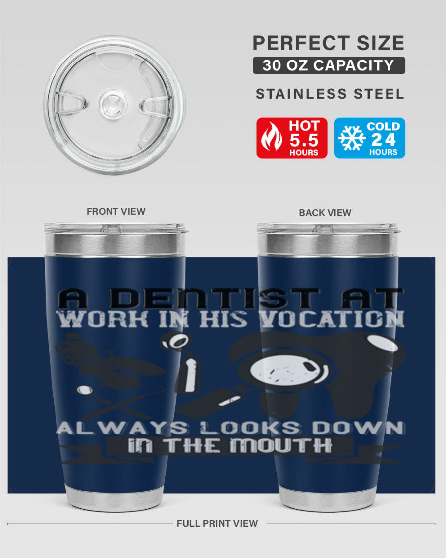 A stylish stainless steel tumbler featuring a dental-themed design, perfect for professionals and enthusiasts, showcasing its double wall vacuum insulation.