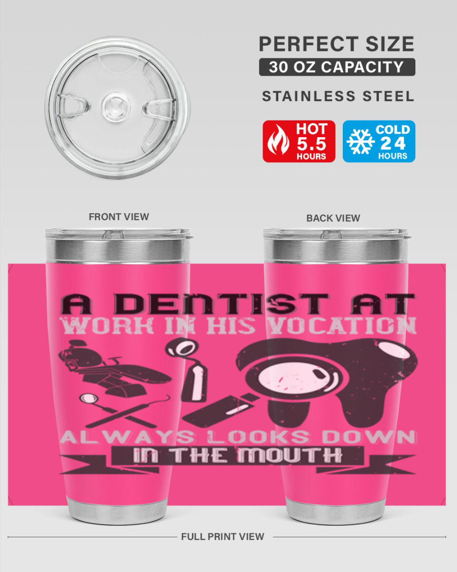 A stylish stainless steel tumbler featuring a dental-themed design, perfect for professionals and enthusiasts, showcasing its double wall vacuum insulation.