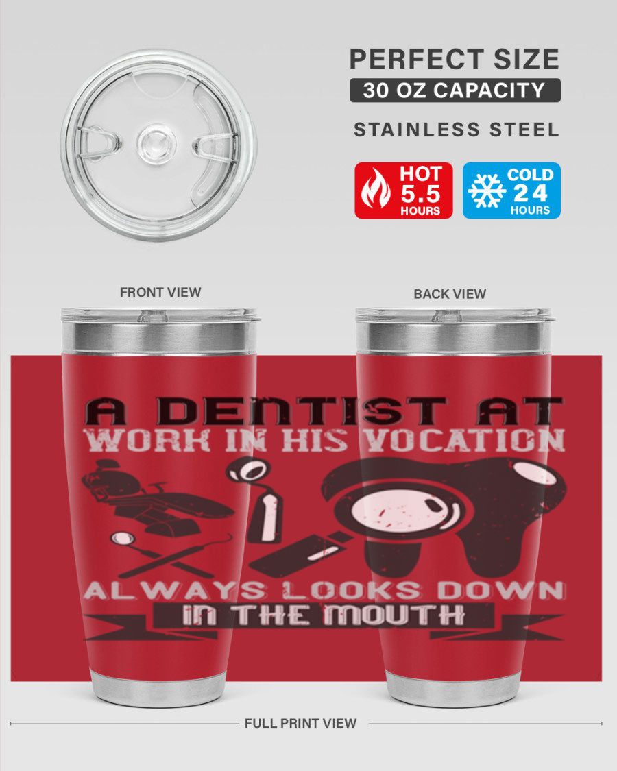 A stylish stainless steel tumbler featuring a dental-themed design, perfect for professionals and enthusiasts, showcasing its double wall vacuum insulation.