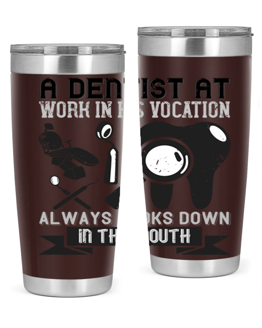 A stylish stainless steel tumbler featuring a dental-themed design, perfect for professionals and enthusiasts, showcasing its double wall vacuum insulation.