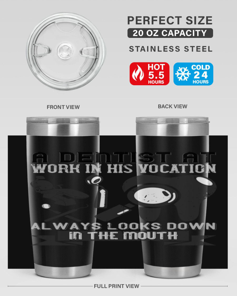 A stylish stainless steel tumbler featuring a dental-themed design, perfect for professionals and enthusiasts, showcasing its double wall vacuum insulation.