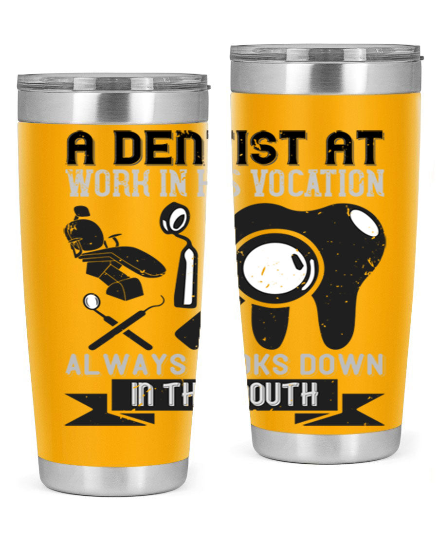 A stylish stainless steel tumbler featuring a dental-themed design, perfect for professionals and enthusiasts, showcasing its double wall vacuum insulation.