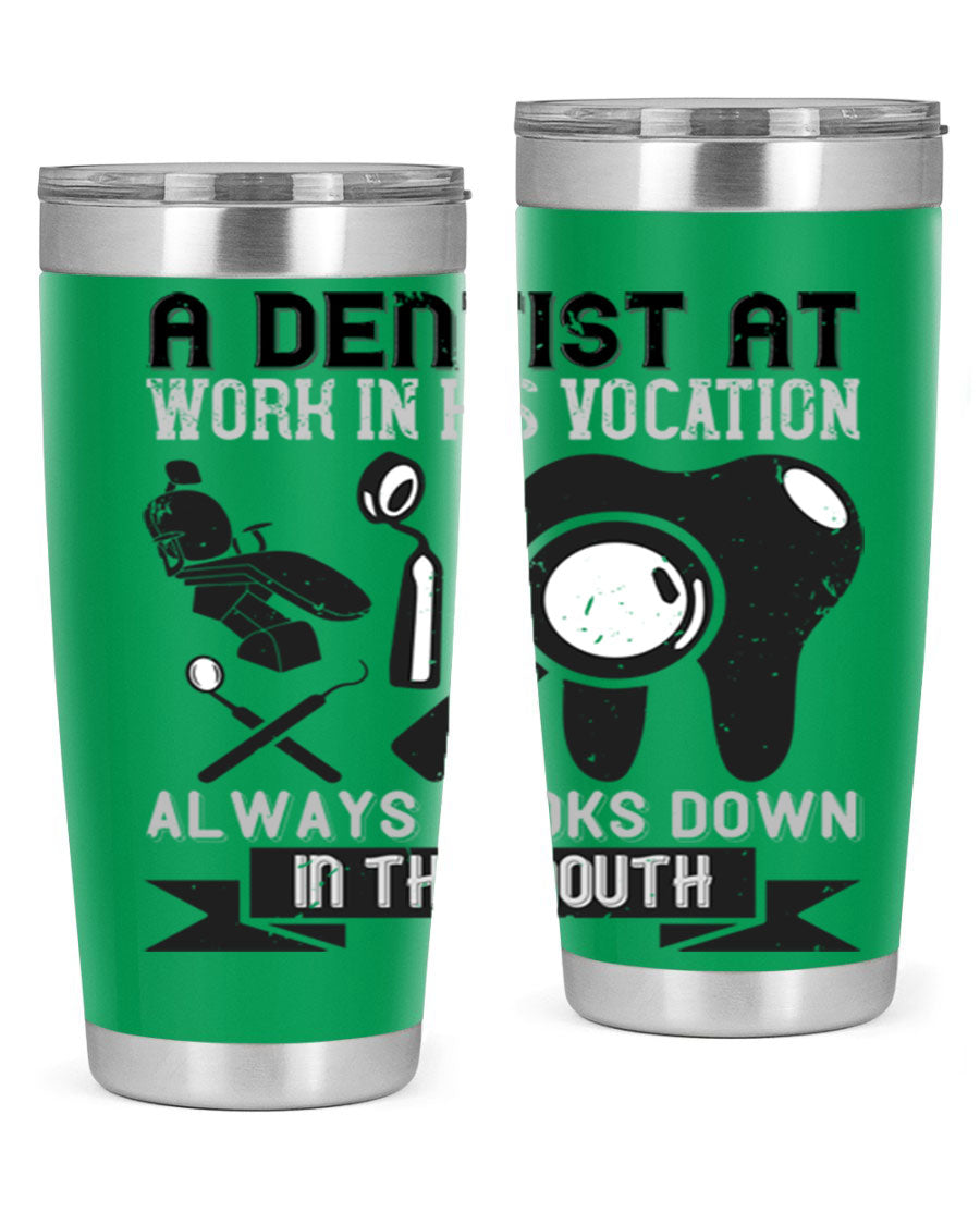 A stylish stainless steel tumbler featuring a dental-themed design, perfect for professionals and enthusiasts, showcasing its double wall vacuum insulation.