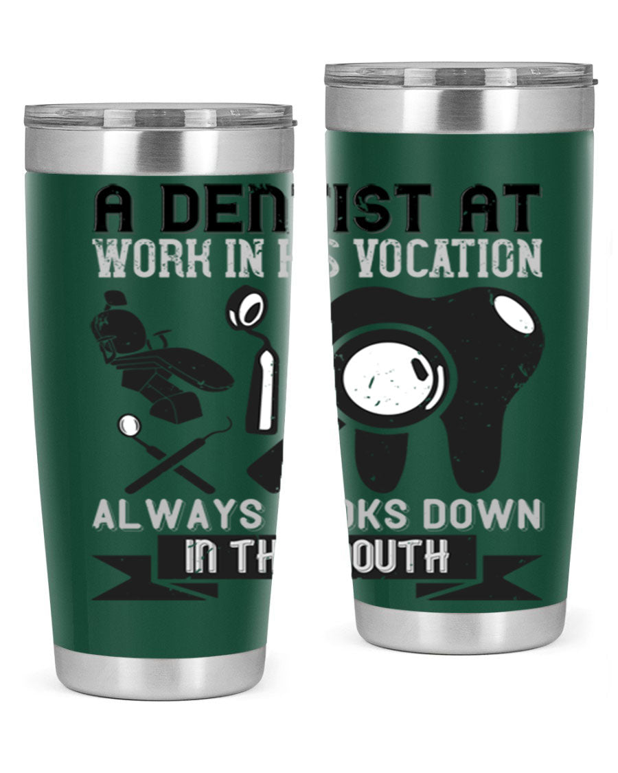 A stylish stainless steel tumbler featuring a dental-themed design, perfect for professionals and enthusiasts, showcasing its double wall vacuum insulation.