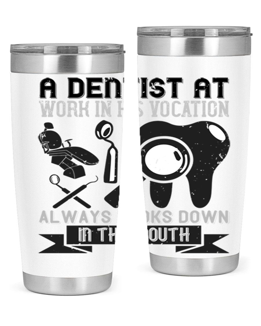 A stylish stainless steel tumbler featuring a dental-themed design, perfect for professionals and enthusiasts, showcasing its double wall vacuum insulation.