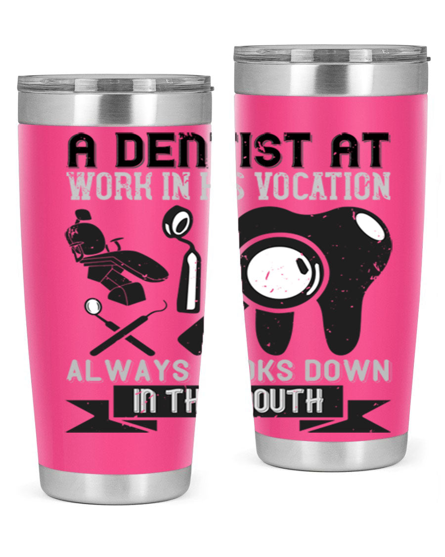 A stylish stainless steel tumbler featuring a dental-themed design, perfect for professionals and enthusiasts, showcasing its double wall vacuum insulation.