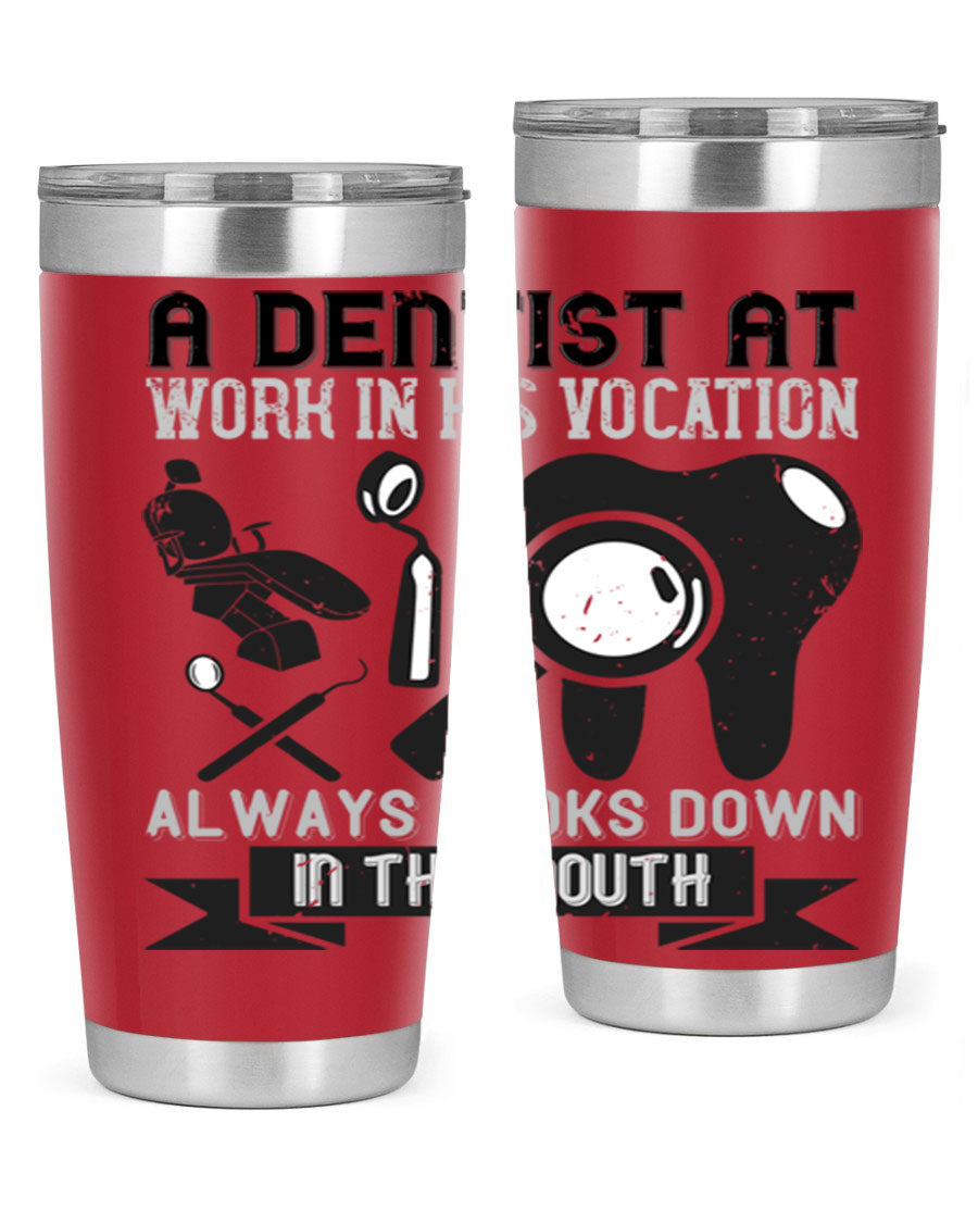 A stylish stainless steel tumbler featuring a dental-themed design, perfect for professionals and enthusiasts, showcasing its double wall vacuum insulation.