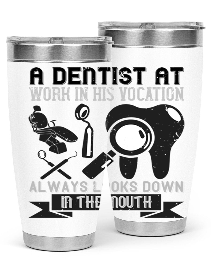 A stylish stainless steel tumbler featuring a dental-themed design, perfect for professionals and enthusiasts, showcasing its double wall vacuum insulation.