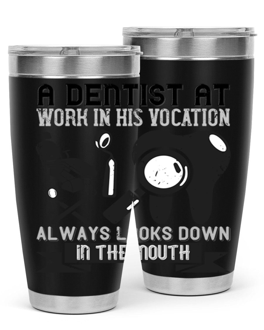 A stylish stainless steel tumbler featuring a dental-themed design, perfect for professionals and enthusiasts, showcasing its double wall vacuum insulation.