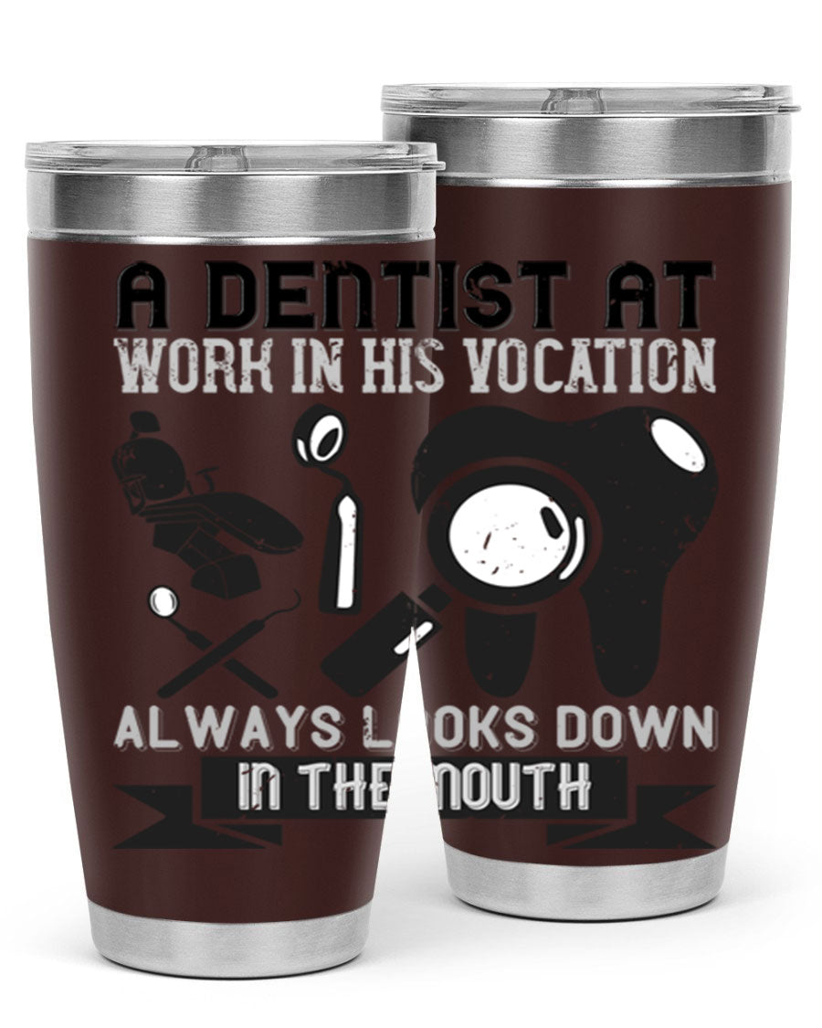 A stylish stainless steel tumbler featuring a dental-themed design, perfect for professionals and enthusiasts, showcasing its double wall vacuum insulation.