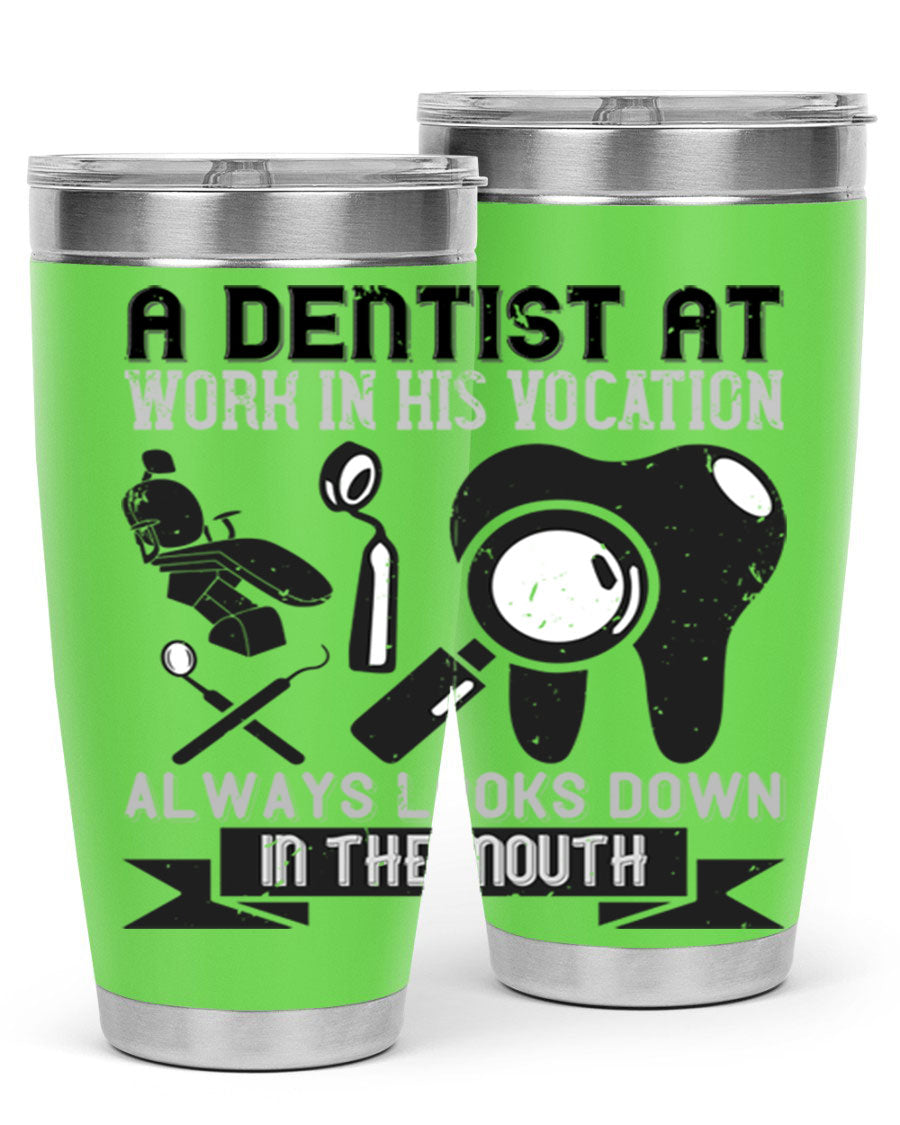 A stylish stainless steel tumbler featuring a dental-themed design, perfect for professionals and enthusiasts, showcasing its double wall vacuum insulation.