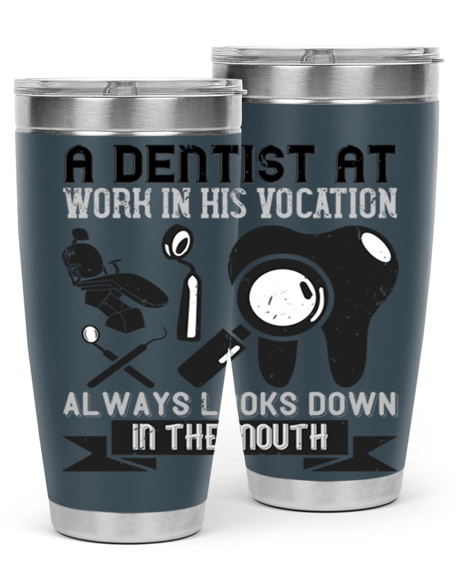 A stylish stainless steel tumbler featuring a dental-themed design, perfect for professionals and enthusiasts, showcasing its double wall vacuum insulation.