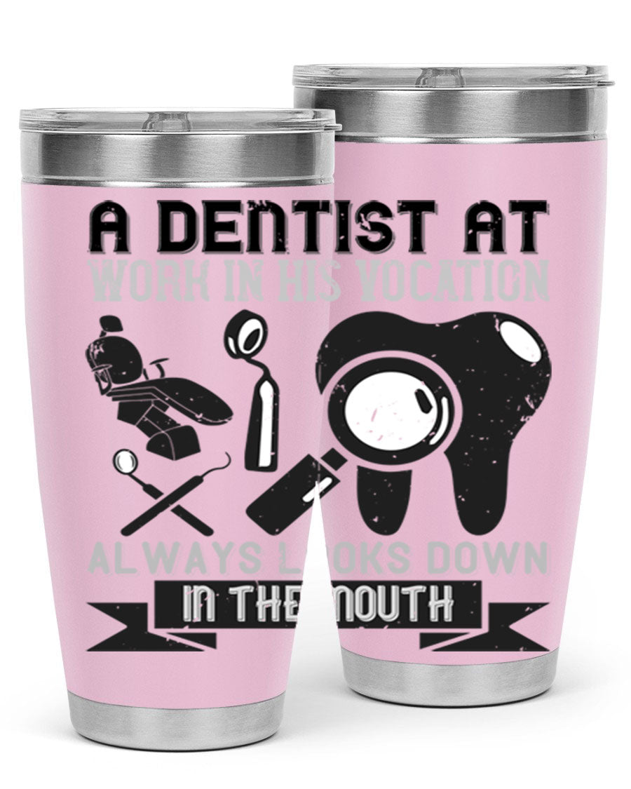 A stylish stainless steel tumbler featuring a dental-themed design, perfect for professionals and enthusiasts, showcasing its double wall vacuum insulation.