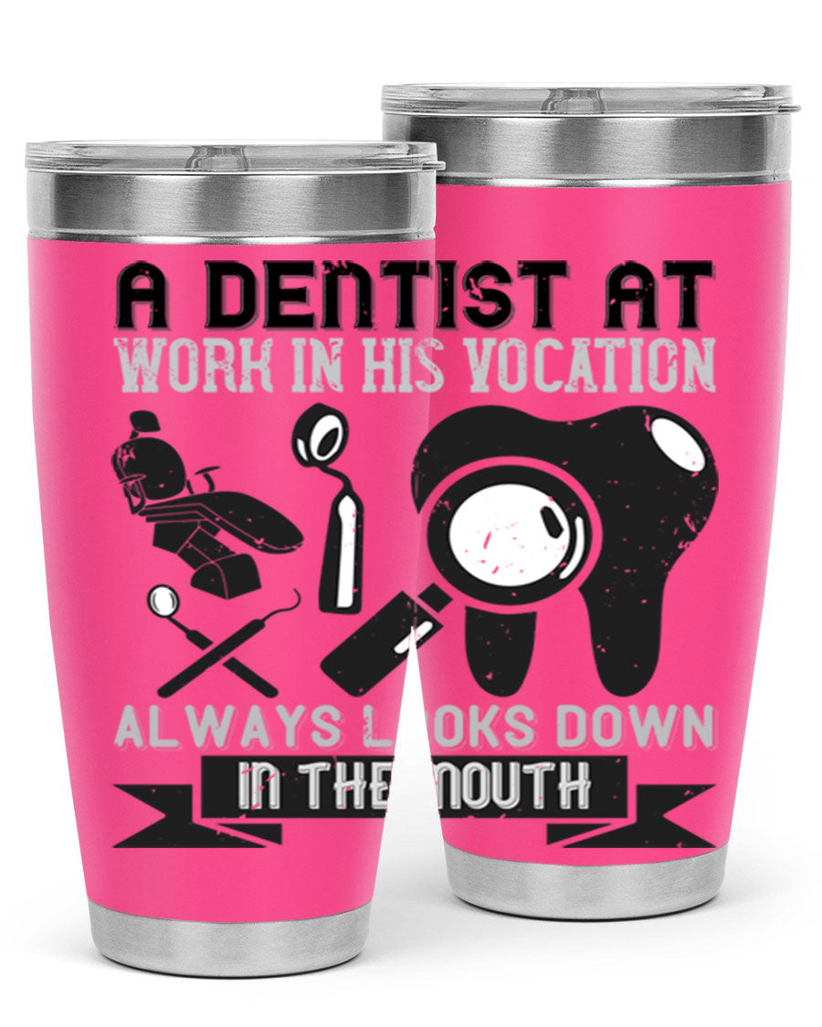 A stylish stainless steel tumbler featuring a dental-themed design, perfect for professionals and enthusiasts, showcasing its double wall vacuum insulation.