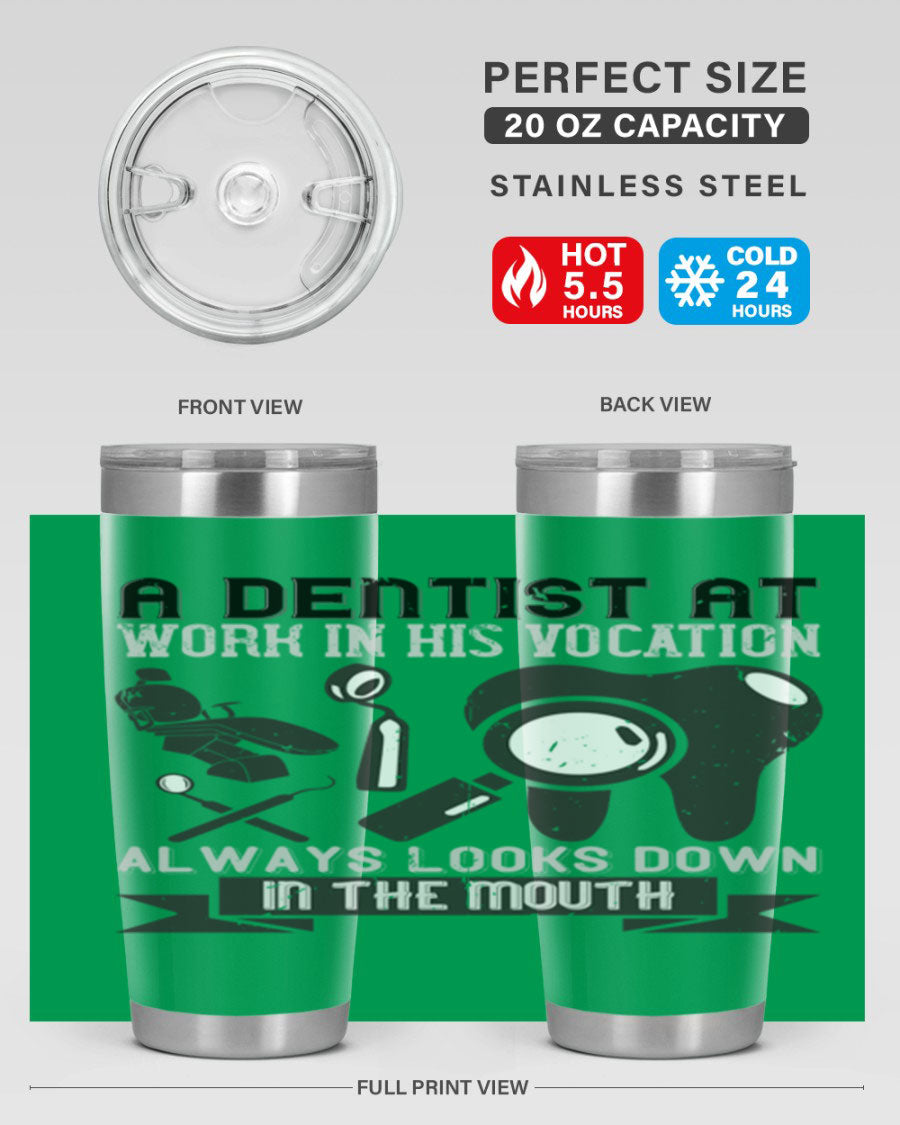 A stylish stainless steel tumbler featuring a dental-themed design, perfect for professionals and enthusiasts, showcasing its double wall vacuum insulation.