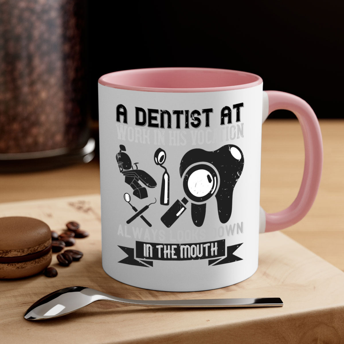 A stylish two-tone dentist-themed coffee mug with a colored handle and glossy finish, perfect for coffee lovers.