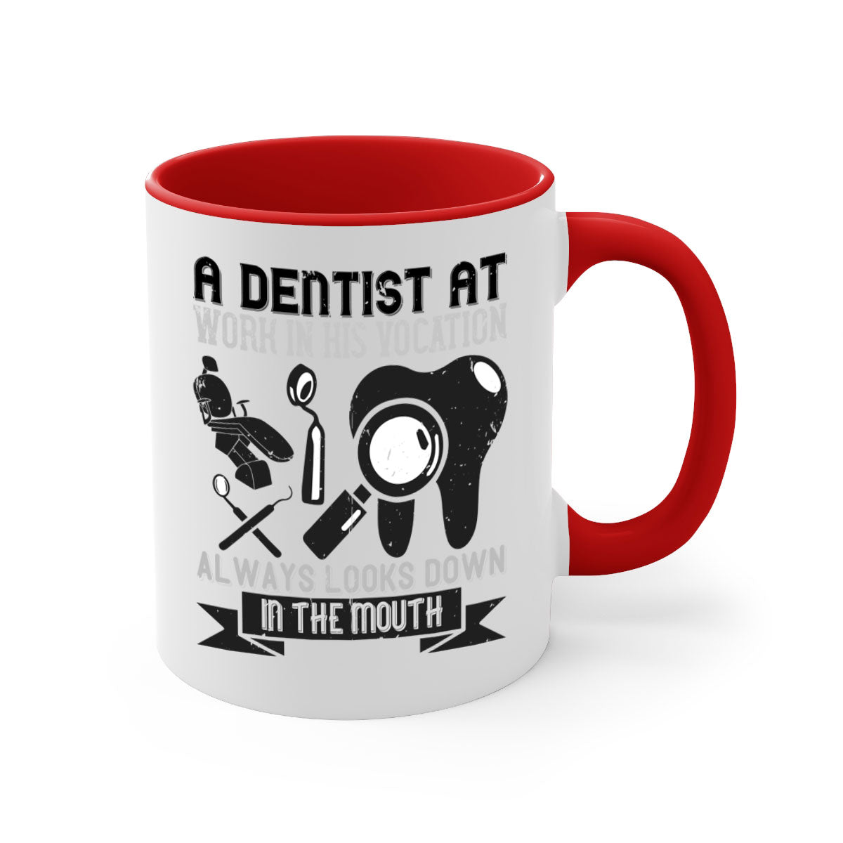 A stylish two-tone dentist-themed coffee mug with a colored handle and glossy finish, perfect for coffee lovers.