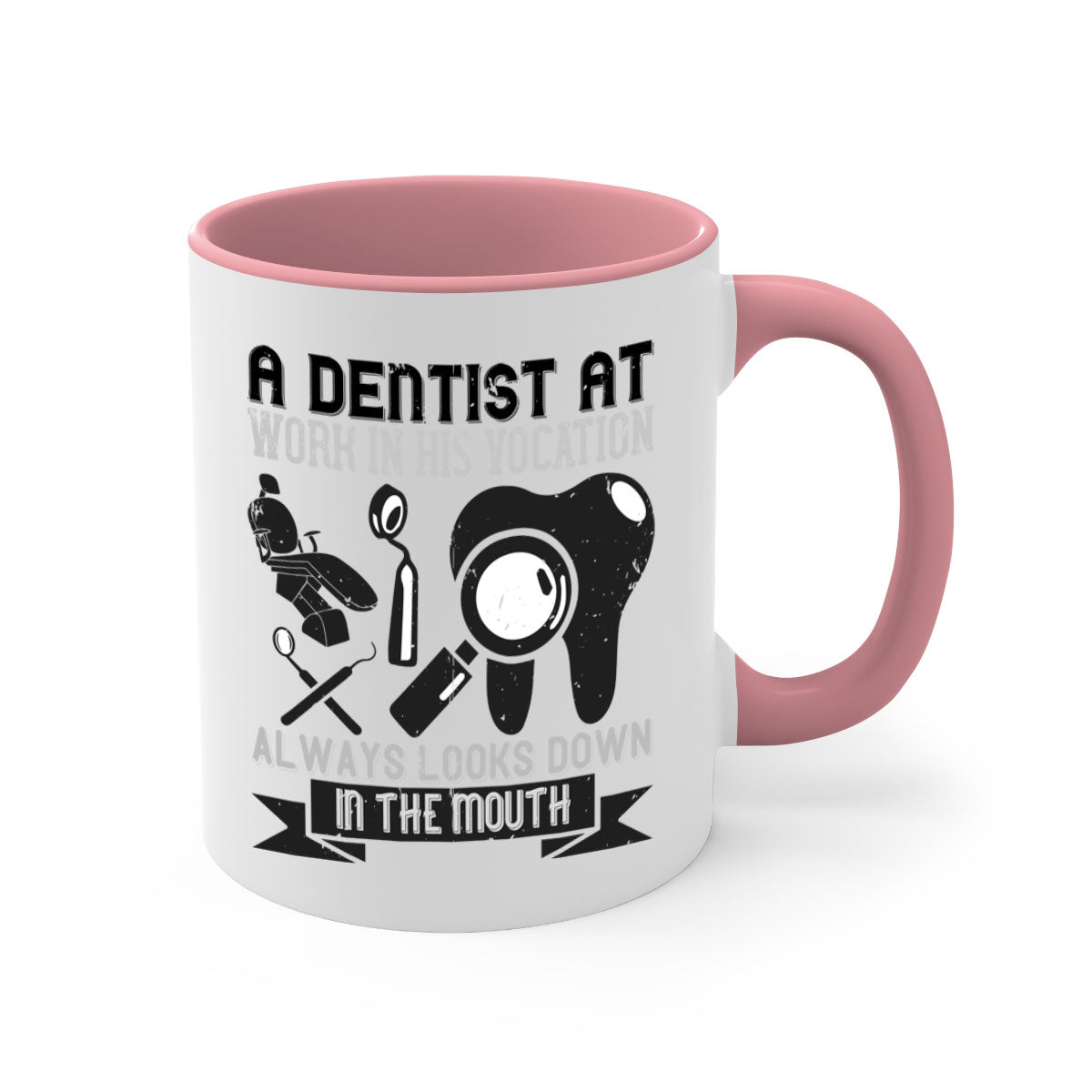 A stylish two-tone dentist-themed coffee mug with a colored handle and glossy finish, perfect for coffee lovers.