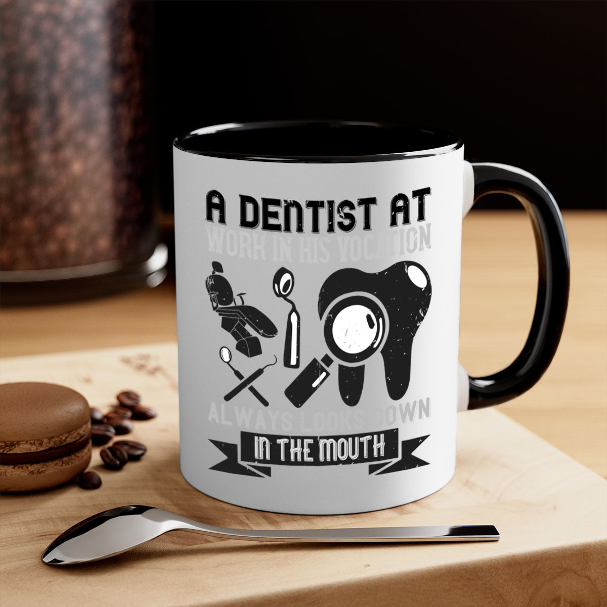 A stylish two-tone dentist-themed coffee mug with a colored handle and glossy finish, perfect for coffee lovers.