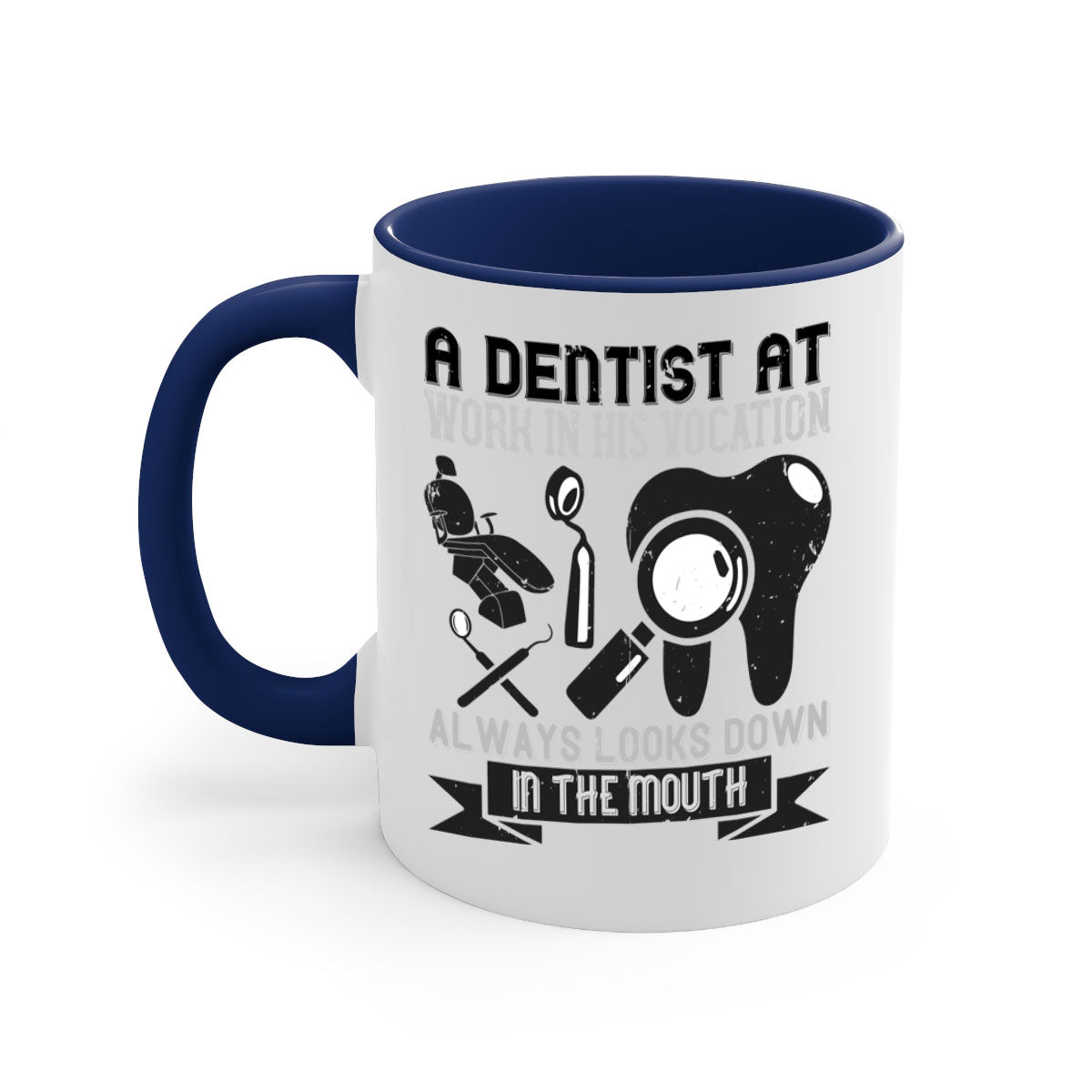 A stylish two-tone dentist-themed coffee mug with a colored handle and glossy finish, perfect for coffee lovers.