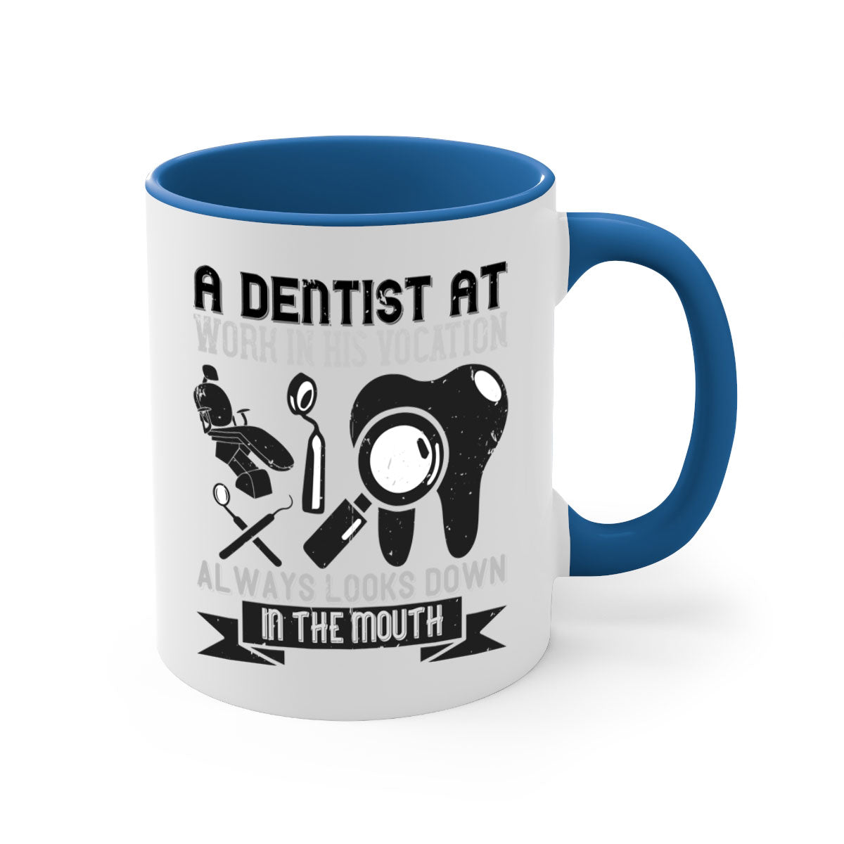 A stylish two-tone dentist-themed coffee mug with a colored handle and glossy finish, perfect for coffee lovers.