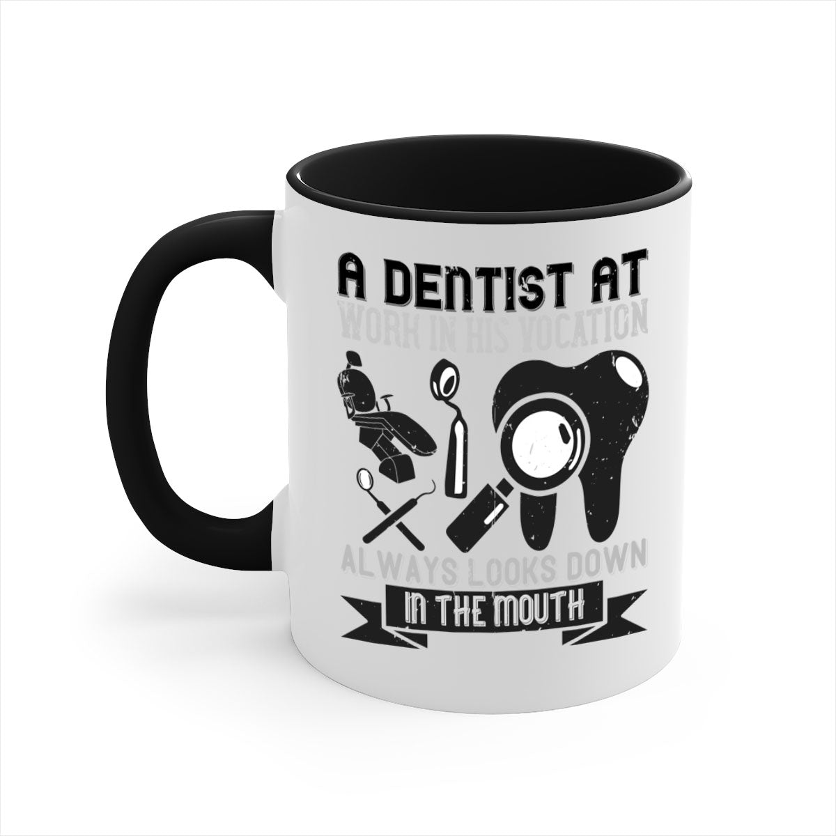 A stylish two-tone dentist-themed coffee mug with a colored handle and glossy finish, perfect for coffee lovers.