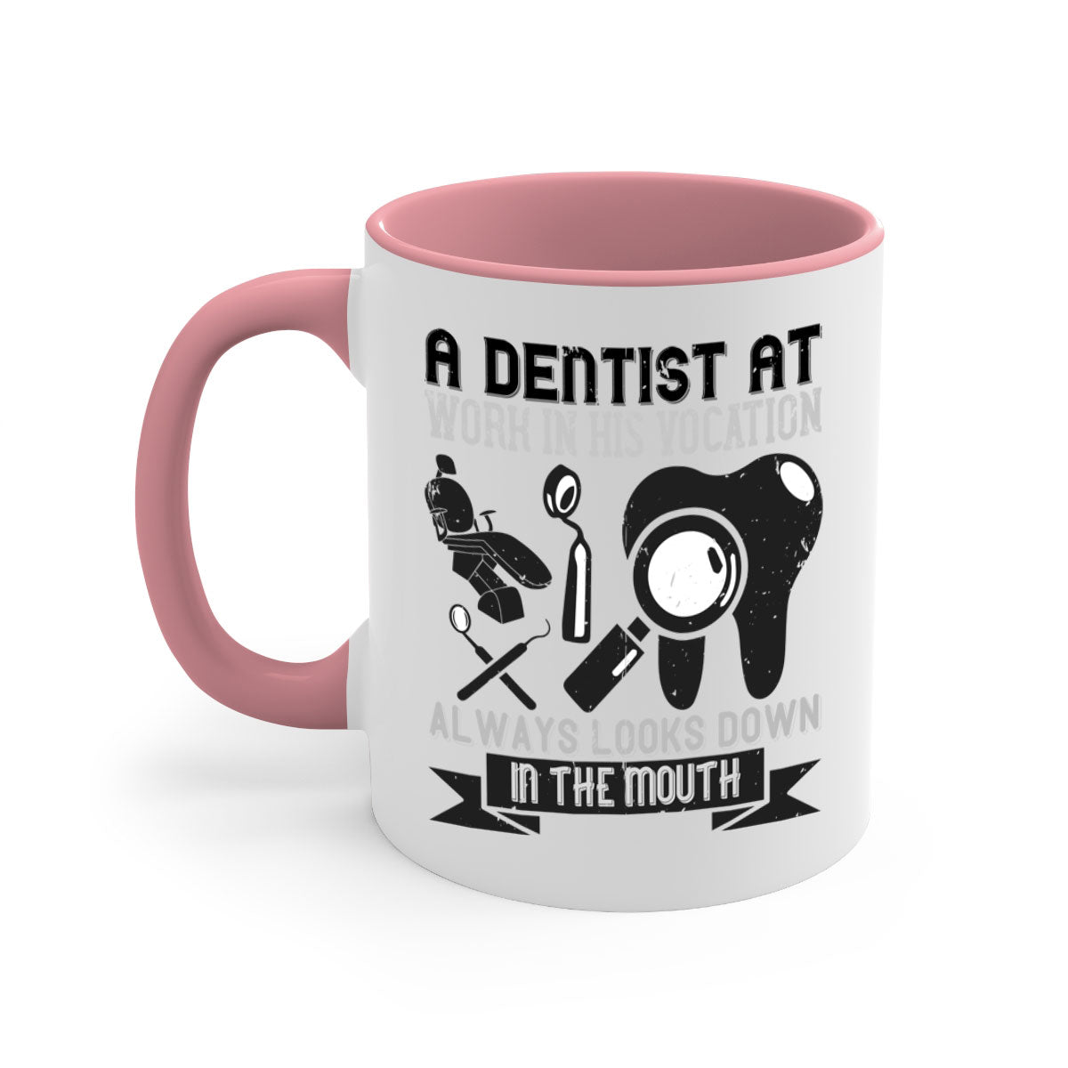 A stylish two-tone dentist-themed coffee mug with a colored handle and glossy finish, perfect for coffee lovers.