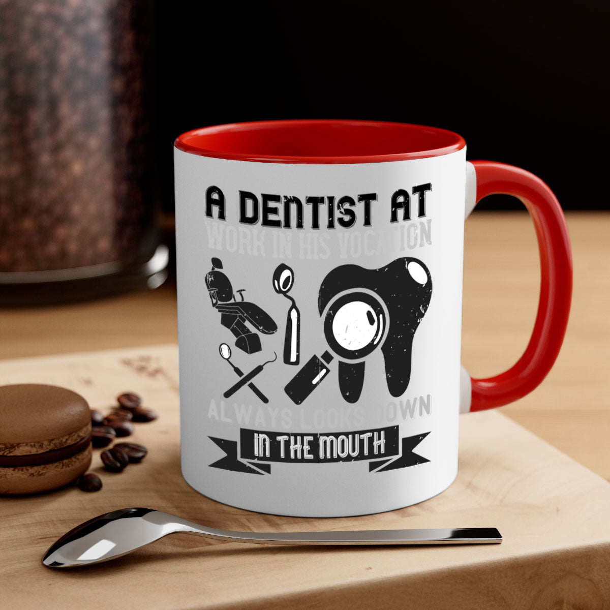 A stylish two-tone dentist-themed coffee mug with a colored handle and glossy finish, perfect for coffee lovers.