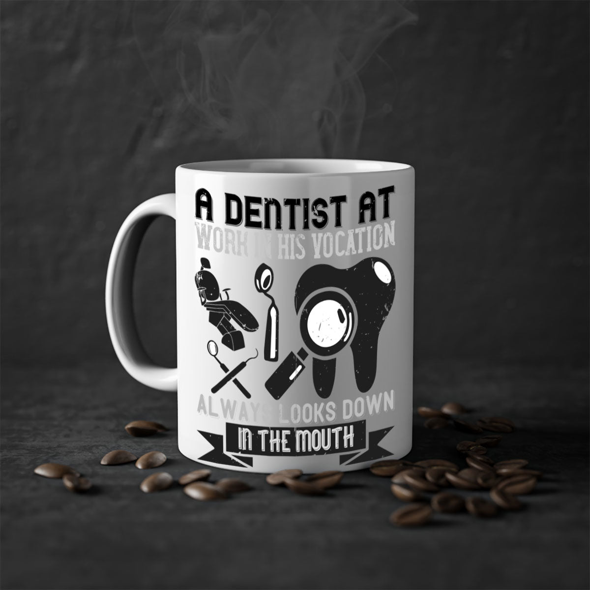 A stylish two-tone dentist-themed coffee mug with a colored handle and glossy finish, perfect for coffee lovers.