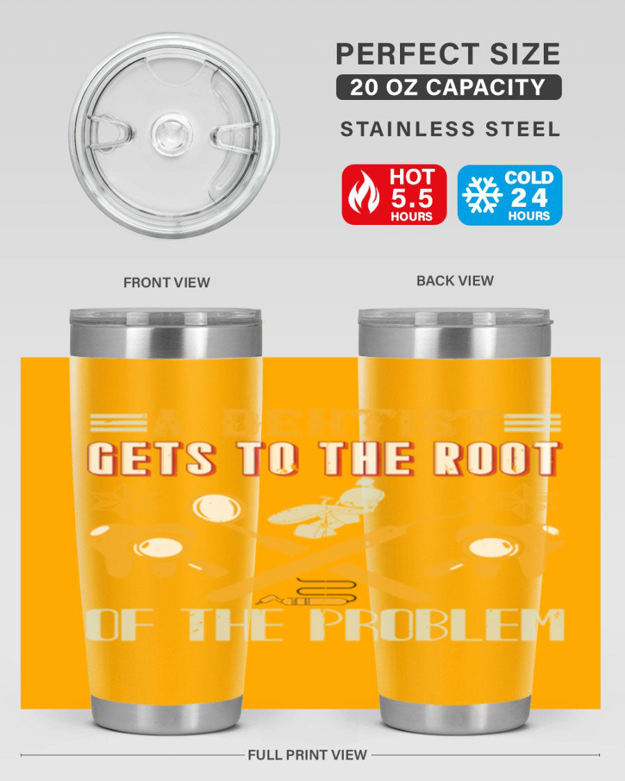 A Dentist Gets to the Root Style 39# tumbler, featuring a double wall vacuum stainless steel design with a vibrant print, perfect for hot and cold beverages.