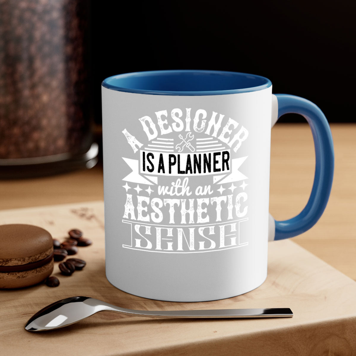 A designer is a planner with an aesthetic sense Style 28# Mug featuring a glossy finish, colored handle, and interior, available in multiple colors.