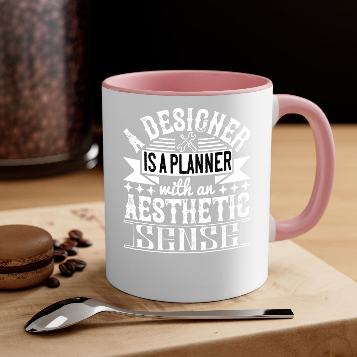 A designer is a planner with an aesthetic sense Style 28# Mug featuring a glossy finish, colored handle, and interior, available in multiple colors.