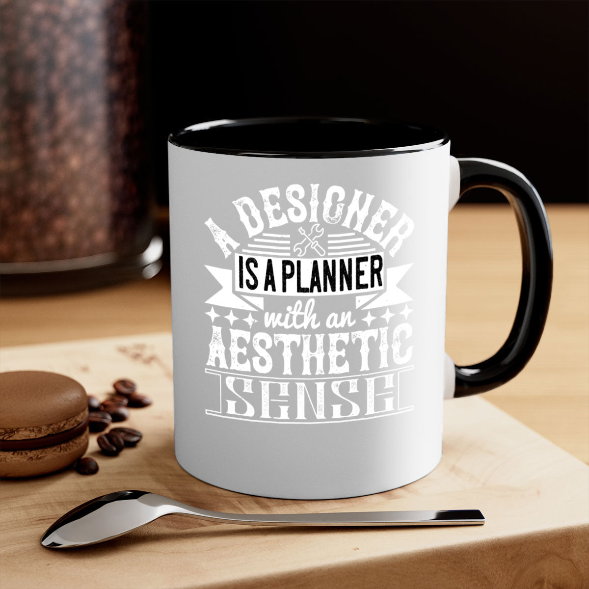 A designer is a planner with an aesthetic sense Style 28# Mug featuring a glossy finish, colored handle, and interior, available in multiple colors.