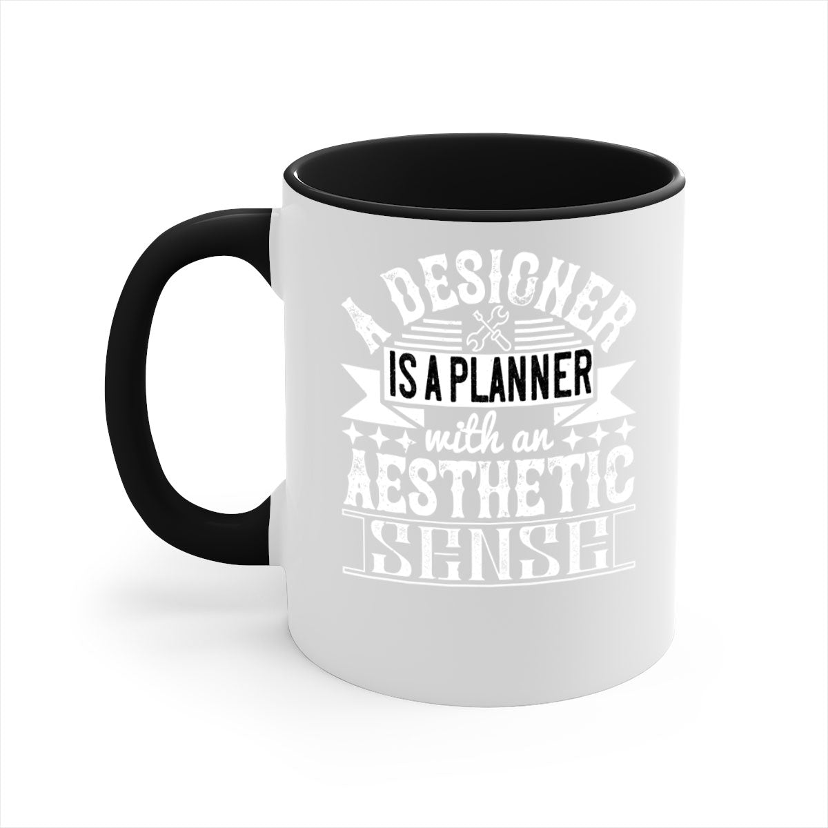 A designer is a planner with an aesthetic sense Style 28# Mug featuring a glossy finish, colored handle, and interior, available in multiple colors.